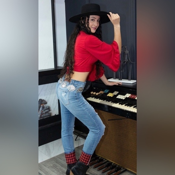 L&B DENIM SKINNY JEANS W BUFFALO PLAID PATCHES-NWT - Picture 2 of 5